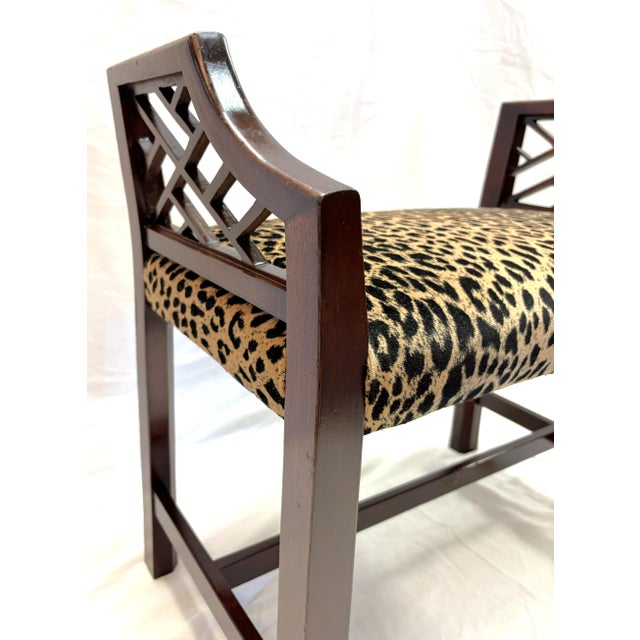 Vintage Fretwork Curved Arm Vanity Stool/ Bench With New Leopard Upholstery For Sale In West Palm - Image 6 of 18