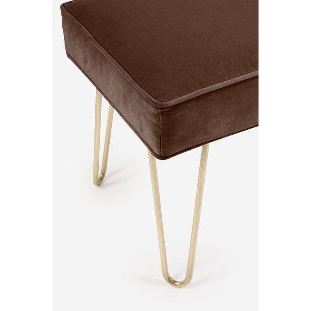 Mid-Century Modern Petite Brass Hairpin Ottomans in Espresso Velvet by Montage - Pair For Sale - Image 3 of 3