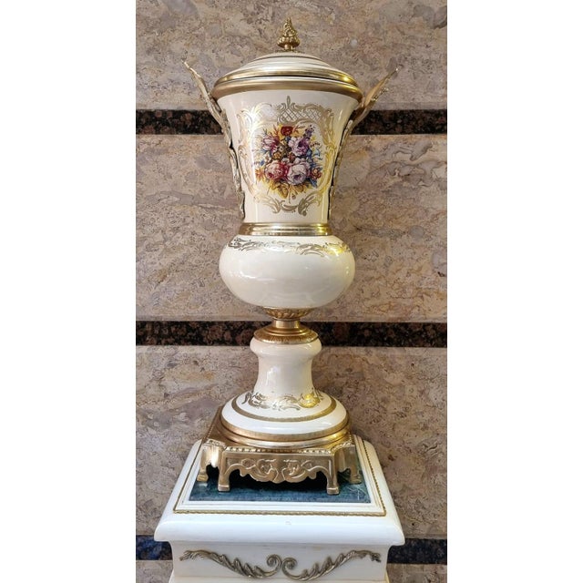 French-Style Marble Pedestal With Decorative Porcelain Vase – Gold & Silver Leaf Details Set of 2 For Sale - Image 4 of 5