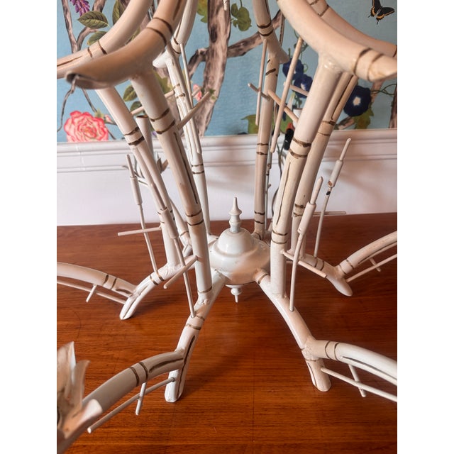 Midcentury White Faux Bamboo Pagoda Tole Chandelier For Sale - Image 4 of 12