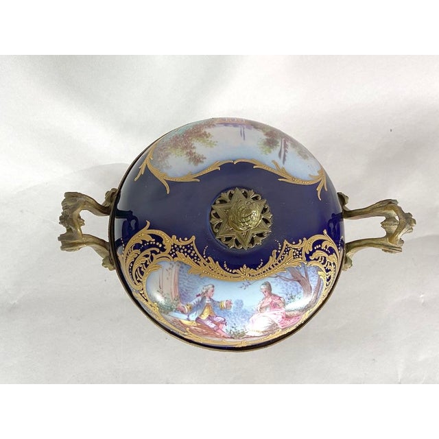 Blue 19thC Sevres Louis XVI Style Blue Porcelain Bronze Bowl Urn For Sale - Image 8 of 18