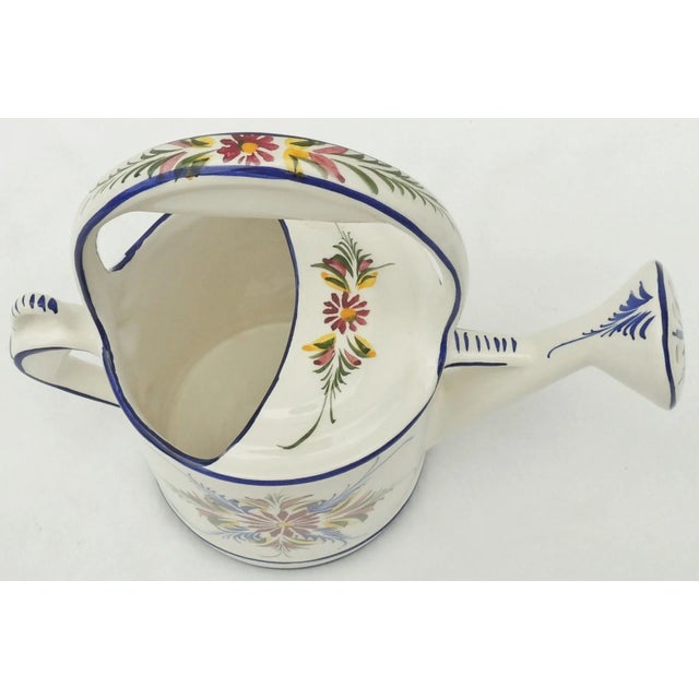 Large Vintage Blue & White Hand Painted Floral Ceramic Garden Watering Can Planter For Sale - Image 10 of 13
