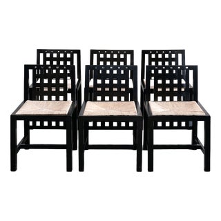Vintage Postmodern DS3 Dining Chairs in Black Wood with Rush Seats by Charles Rennie Mackintosh for Cassina, 1980s, Set of 6 For Sale