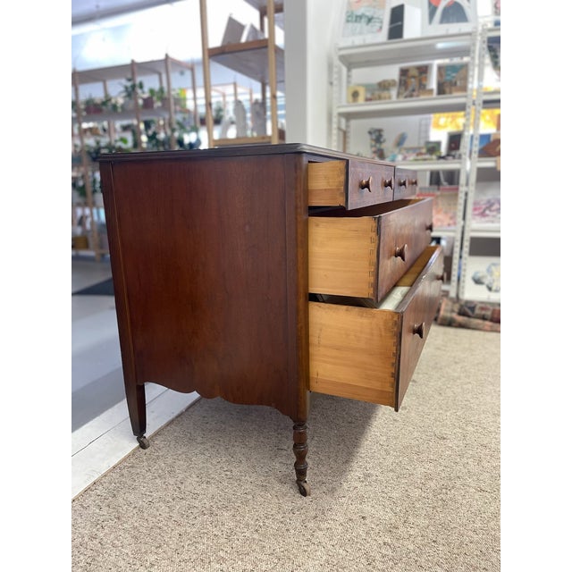 Possibly Early 19th Century Likely Mahogany Chest of Drawers With Dovetailed Drawers, Burl Accents, Wood Inlay, and Turned Knobs, Stamped For Sale - Image 9 of 11