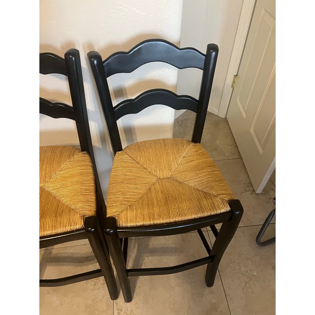 Wood Mid 20th Century Country French Style Black Rush Seat Barstools- A Pair For Sale - Image 7 of 12
