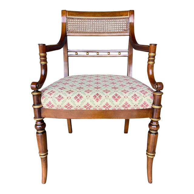 Vintage Hickory Chair Neoclassical Cane Back Armchair With Gilt Accents & Floral Upholstery For Sale