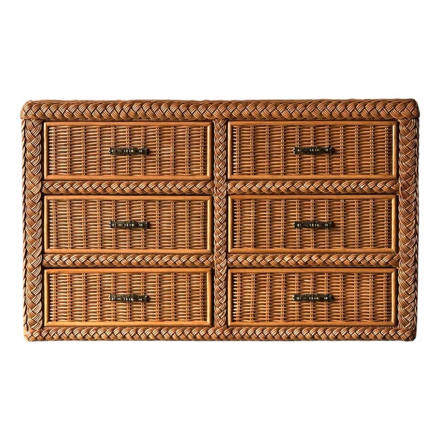 Woven Wicker Six-Drawer Dresser With Braided Rope Trim, 1980s For Sale