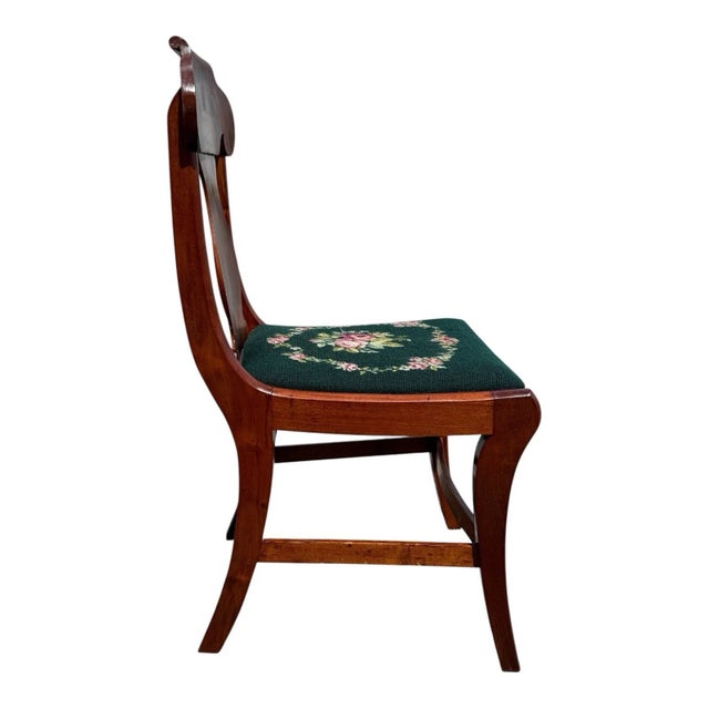 1940s Flame Mahogany Empire Side Chair Original Needlepoint Seat Refurbished For Sale In Philadelphia - Image 6 of 16