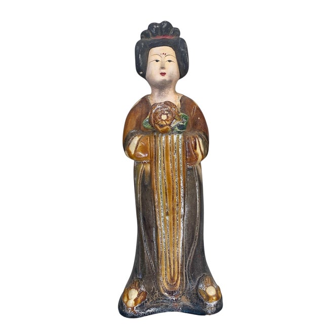 1980s Chinese Ancient Tang Dynasty Style Female Figure Tomb Terracotta Painted Pottery For Sale - Image 5 of 7