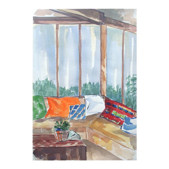 "Living Room View" Interior Watercolor Still Life by Doris Warner For Sale