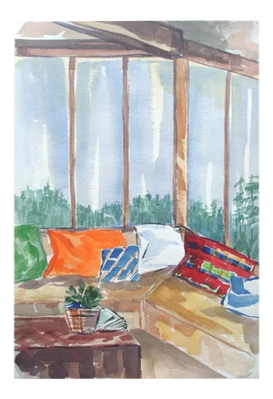 "Living Room View" Interior Watercolor Still Life by Doris Warner