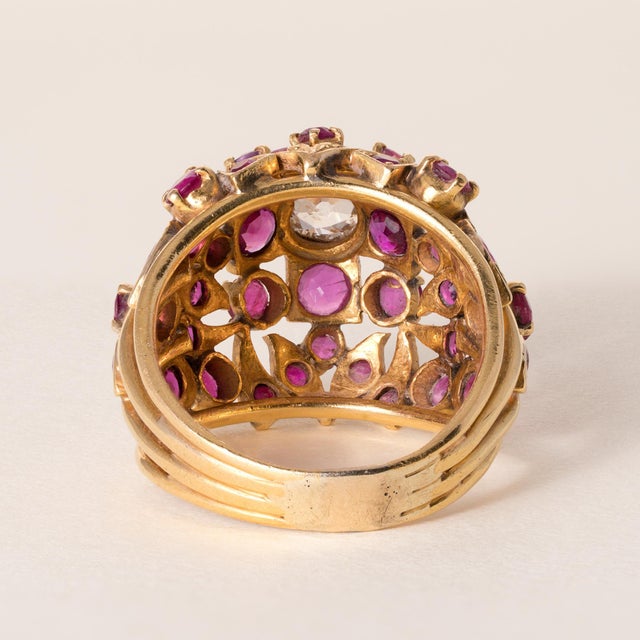 Modern Vintage 21k Gold Ruby and Diamond Dome Cocktail Ring, Size 6.75 For Sale - Image 3 of 4