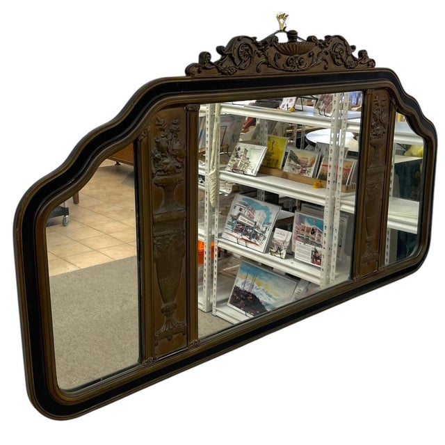 Mid-Century Modern Antique Carved Wood Overmantel Mirror With Floral Urn Motifs and Scrolled Crest. For Sale - Image 3 of 11
