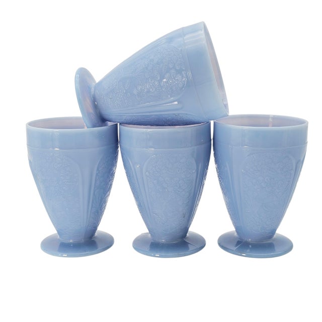 Jeannette Glass Jeanette Glass Delphite Blue Cherry Blossom Footed Juice Tumblers, Set of Four For Sale - Image 4 of 9