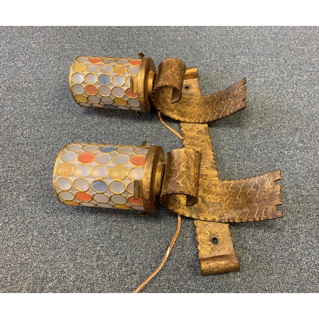 Mid 20th Century Spanish Brutalist Gilt Iron Electric Wall Sconces - a Pair For Sale - Image 4 of 11