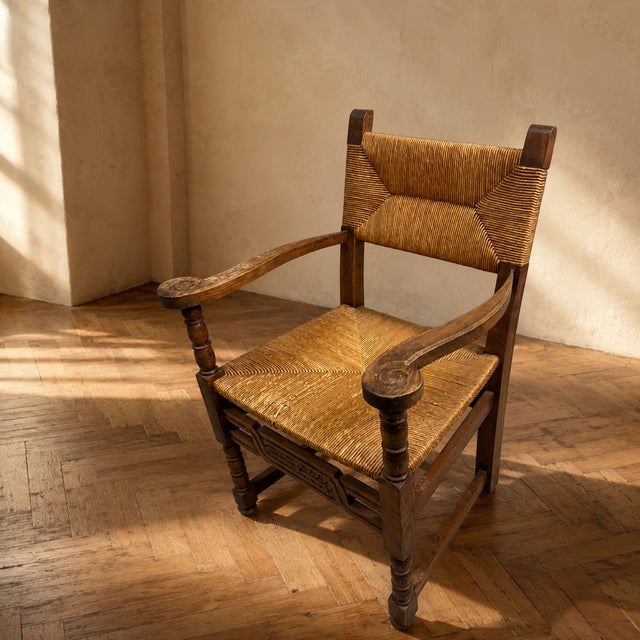 Rustic Rush-Woven Wooden Armchair, 1970s For Sale - Image 6 of 6