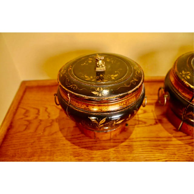 Chinese Antique Chinese Lacquered Wooden Lidded Storage Vessels—A Pair For Sale - Image 3 of 11