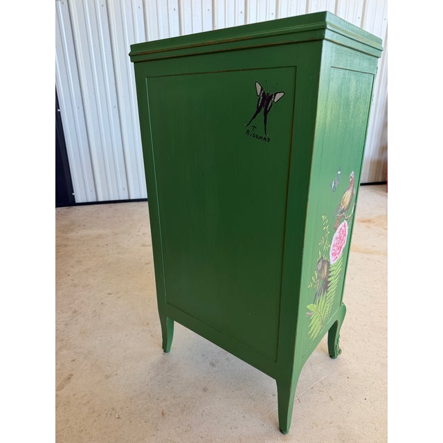 Emerald Custom Painted Tropical Parrot Decoupage Lingerie Chest or Tall Nightstand For Sale - Image 8 of 12