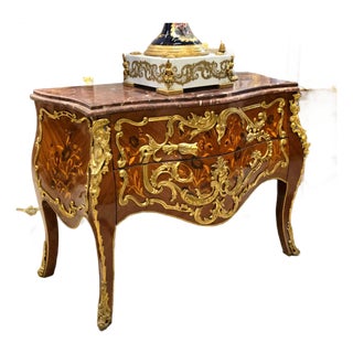 Grand French Louis XV Bombe Commode With Marble Top, Floral Marquetry & Gilt Bronze Ormolu For Sale