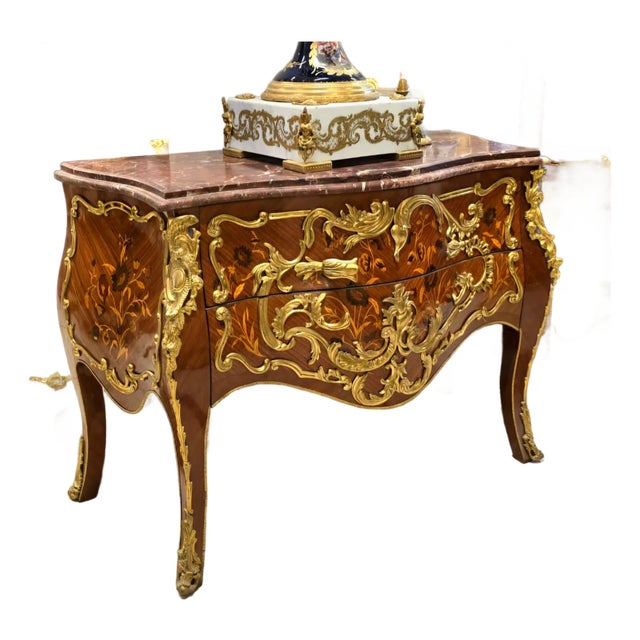 Grand French Louis XV Bombe Commode With Marble Top, Floral Marquetry & Gilt Bronze Ormolu For Sale