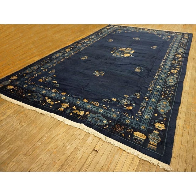 Antique Blue 1920s Room Size Wool Rectangle Chinese - Peking Knotted Rug, Circa Date: 1920s. This exceptional Chinese...
