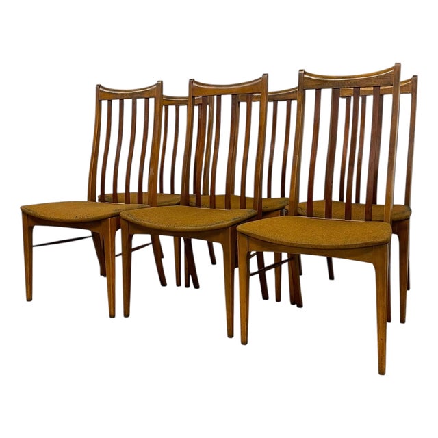 Set of 6 Vintage Mid-Century Modern Slat-Back Dining Chairs With Upholstered Seats For Sale
