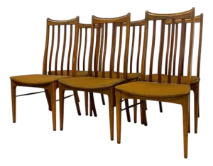 Set of 6 Vintage Mid-Century Modern Slat-Back Dining Chairs With Upholstered Seats