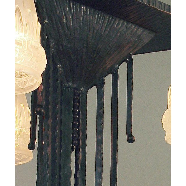1920s French Art Deco Wrought Iron Triangular Bombshell Flush Mount Chandelier, 4 Schneider Shades For Sale - Image 4 of 9