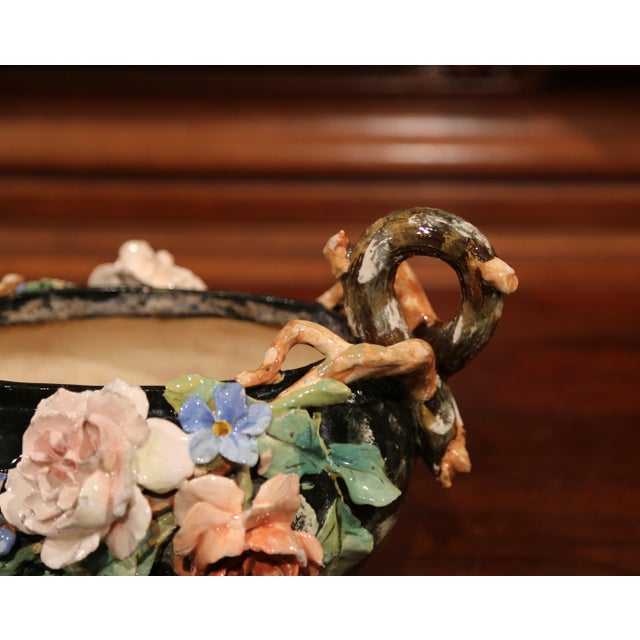 Green 19th Century French Montigny-Sur-Loing Barbotine Jardinière With Floral Relief For Sale - Image 8 of 10