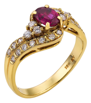 Vintage Ruby Diamond 18k Yellow Gold Swirl Ring, Size 5.5