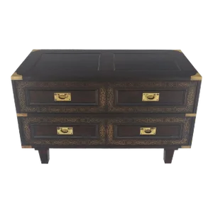 Campaign Style Ebonized Mahogany Brass Inlay Two Drawers Small Dresser Chest