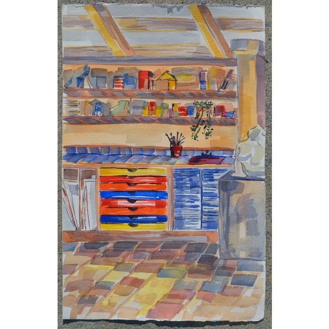 In the artists studio in Bonny Doon, California, a watercolor painting by listed artist Doris Warner (American,...