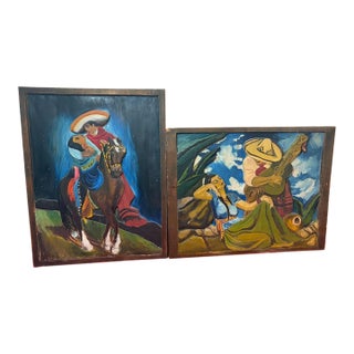 Mid-Century Mexican Folk Art Relief-Carved Wood Panels Charro & Serenade Pair 20" For Sale