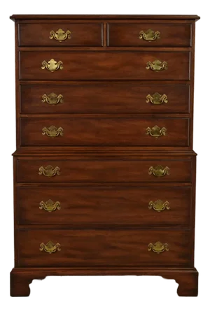 Henkel Harris Georgian Solid Mahogany Eight-Drawer Highboy Dresser, 1960s