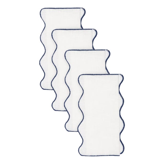Olas Navy Linen Cocktail Napkins from Los Encajeros, Set of 4 For Sale