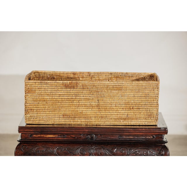 Vintage Rectangular Handwoven Rattan Basket with Wooden Side Handles For Sale - Image 12 of 18