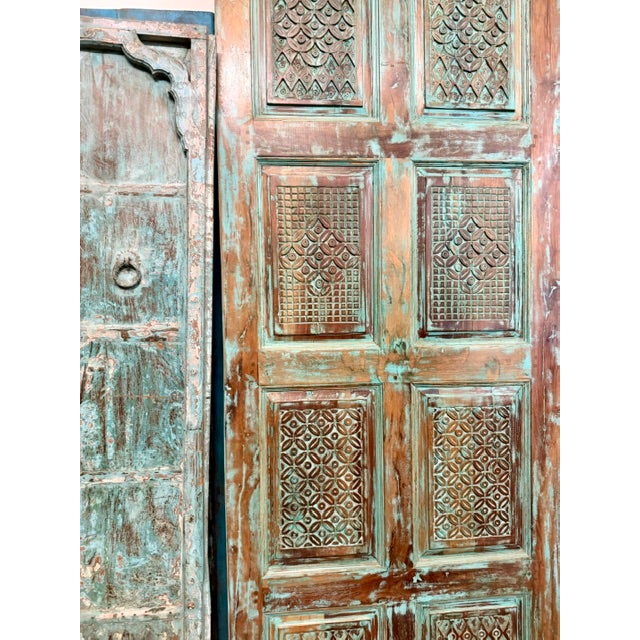 Blue Antique Blue Carved Reclaimed Wood Barn Door – Vintage Architectural Accent 96x36 For Sale - Image 8 of 10