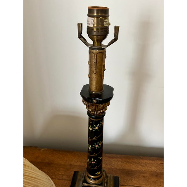 Late 20th Century Black and Gold Neoclassical Style Column Lamp With Painted Florals For Sale - Image 10 of 12