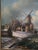vintage mid to late 20th century oil on canvas landscape painting, Dutch winter windmill scene, with frozen canal. signed...