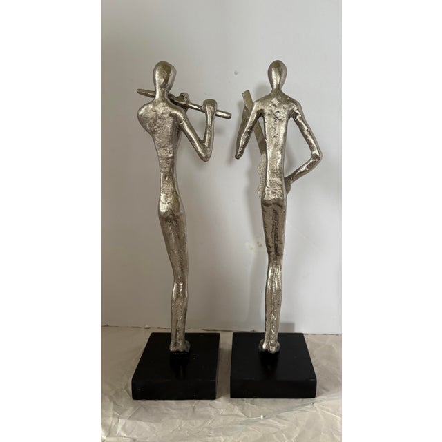 Modern Abstract Cast Aluminum Jazz Musician Sculptures, Set of 2, Silver Metal Figurines, Flute & Guitar Players Contemporary Music Decor 16” Statues For Sale - Image 4 of 12