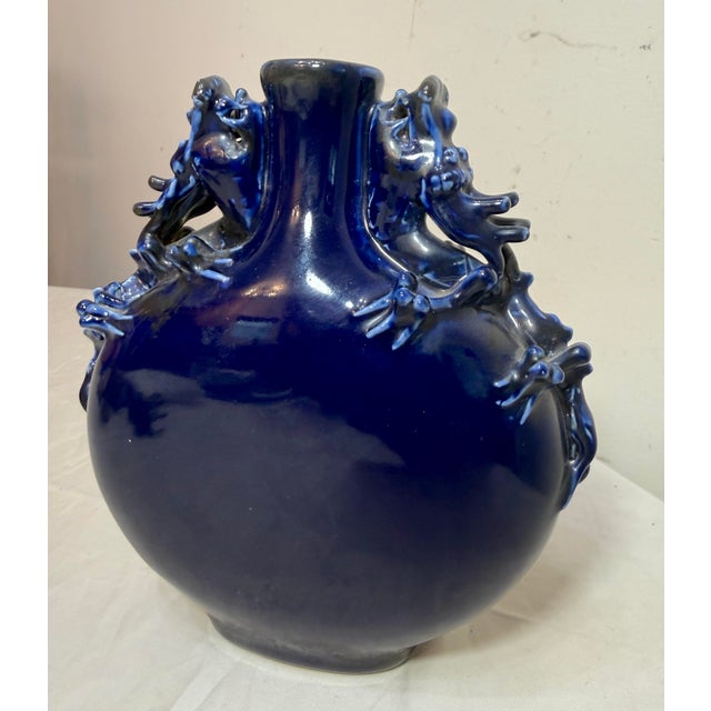 1960s Vintage Handmade Chinese Cobalt Blue Moon Dragon Porcelain Pottery Figural Vase For Sale - Image 5 of 10