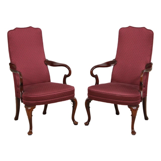 Pair of Hickory Chair Co Mahogany Queen Anne Upholstered Chairs For Sale