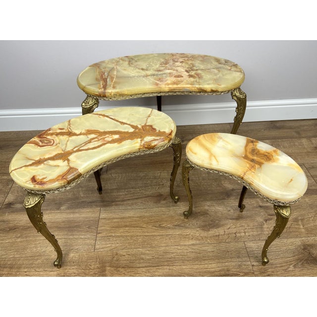 Vintage French Nested Tables in Marble, Onyx, and Brass, Set of 3 For Sale - Image 18 of 18