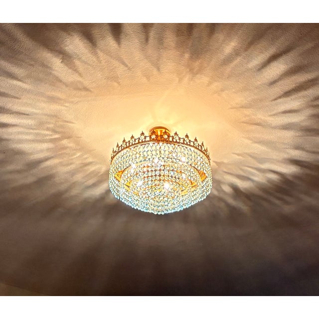 Baby Blue 1960s Vintage French Crown Style Flush Mount Brass Chandelier With Soft Blue Crystals⁠ For Sale - Image 8 of 17