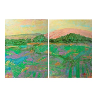 1980s “Hill” Abstract Acrylic Landscape Diptych Painting by Harry Hilson For Sale