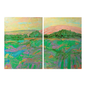 1980s “Hill” Abstract Acrylic Landscape Diptych Painting by Harry Hilson