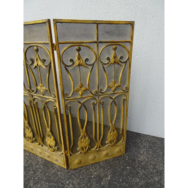 Vintage French Country Yellow Ornate Three Panel Fireplace Screen For Sale - Image 4 of 18