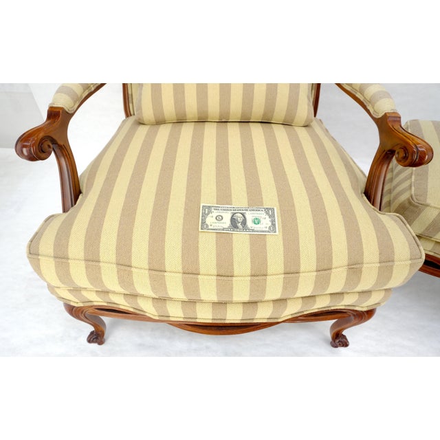 Carved Cherry Frame Stripe Upholstery Lounge Chair w/ Matching Ottoman MINT For Sale - Image 9 of 12