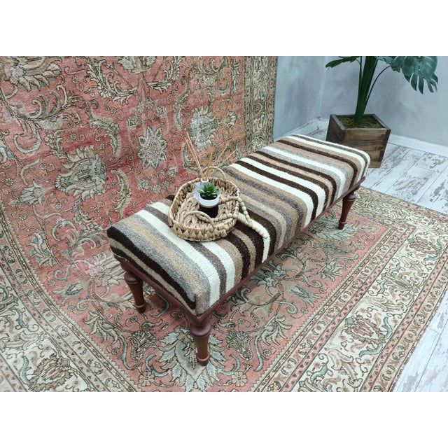 Kilim Rug Upholstered Farmhouse Style Bench For Sale - Image 4 of 8