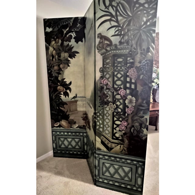 Hand-painted tri-fold room divider made in the Philippines. Balcony scene looking over the water, fruit trees, birds,...